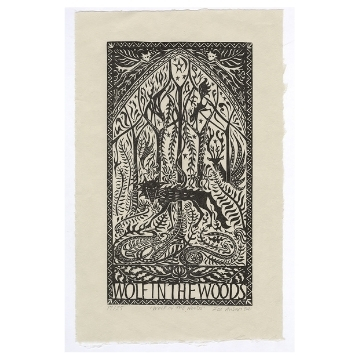 Black-and-white-lino-print-of-wolf-in-woods-below-archway