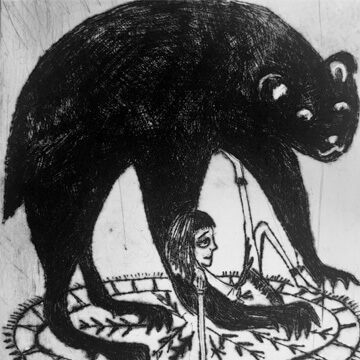 A black and white dry-point etching a a black bear with a girl sitting on a rug.