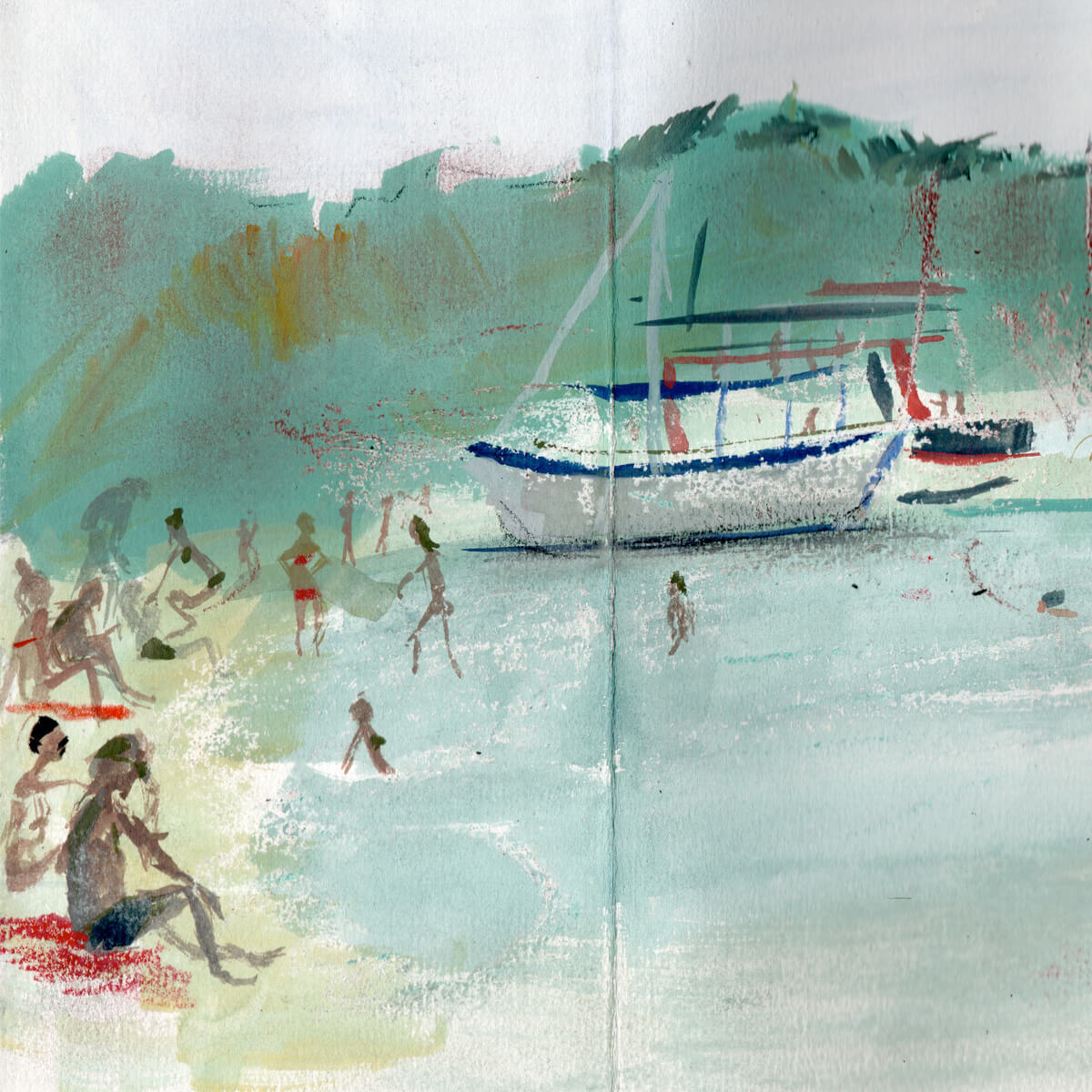 A painting of a beach scene on Kassiopi Island in Corfu.