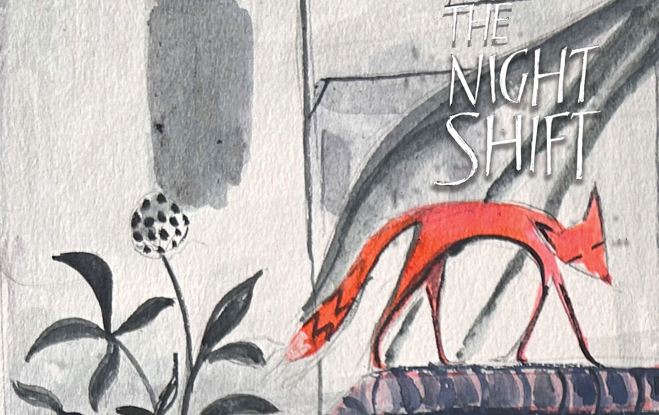 A cover for a dummy book of an orange fox against a grey and white back ground casting a shadow on a building opposite. The fox is walking along the wall.