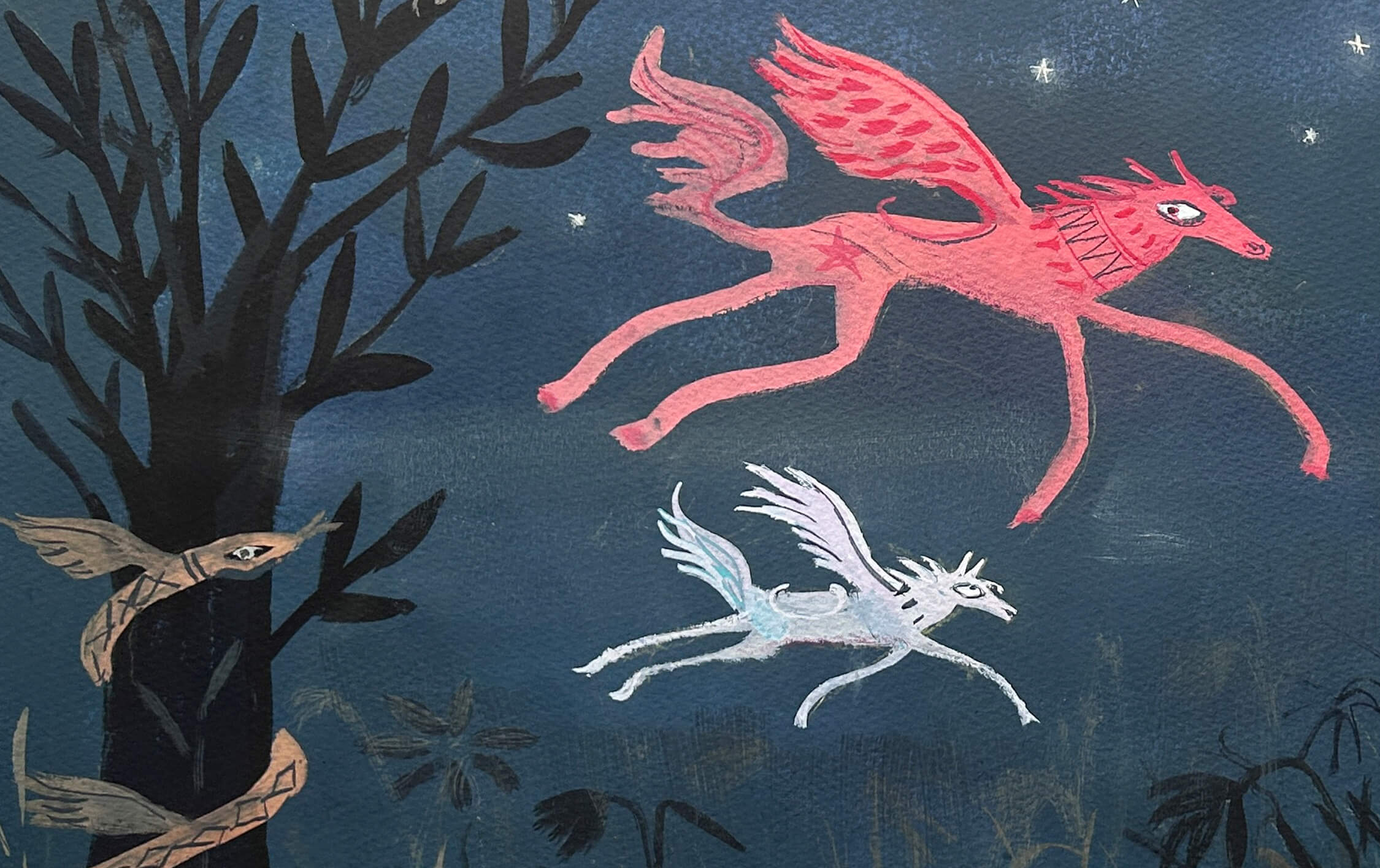 A blue, pink and white illustration of flying horses at nigh.