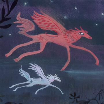 A painting of apink and white flying horse at night. Children's book illustration. Zoe Ansari.