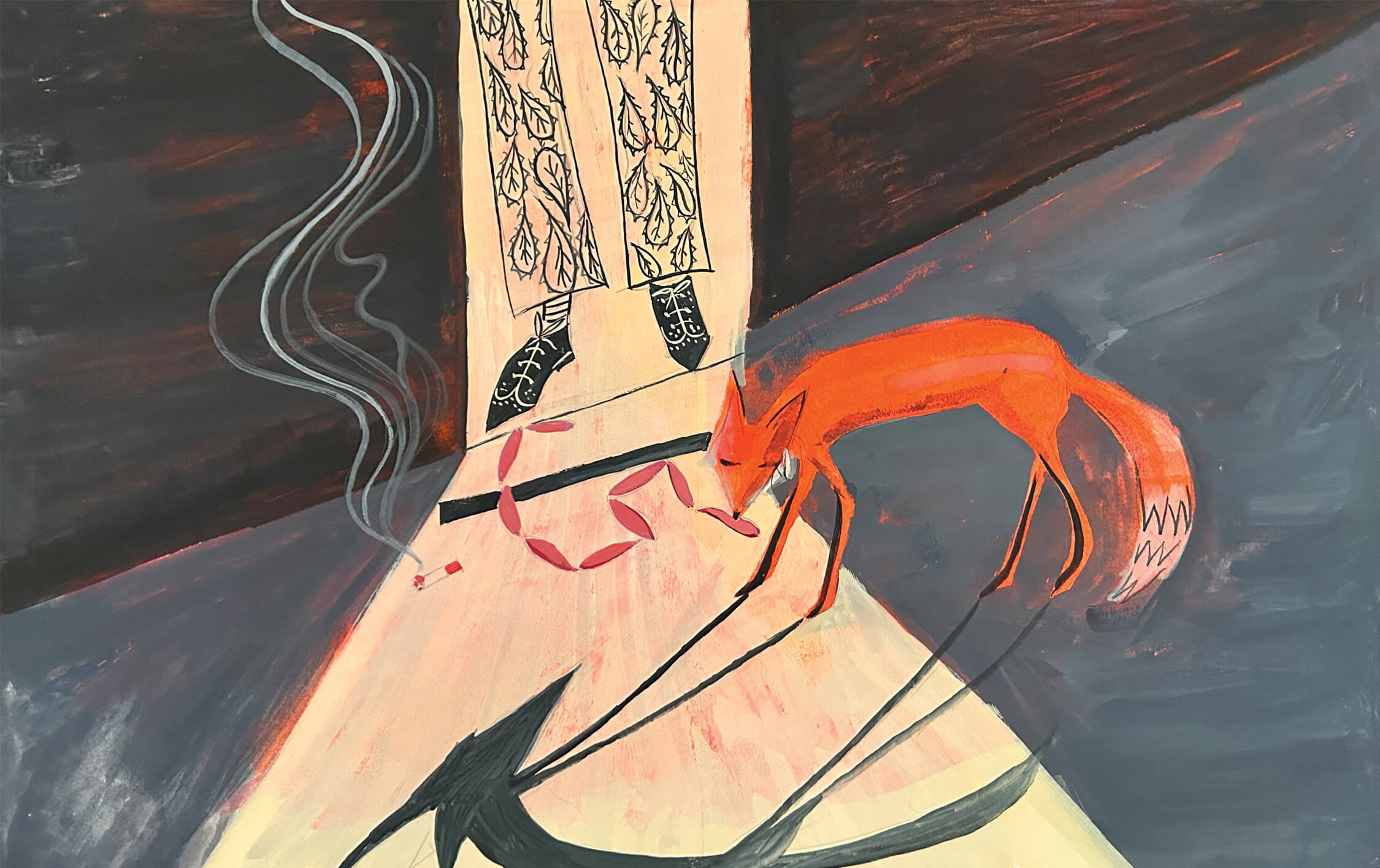 A blue and orange and yellow illustration of a fox being fed sausages at someones back door