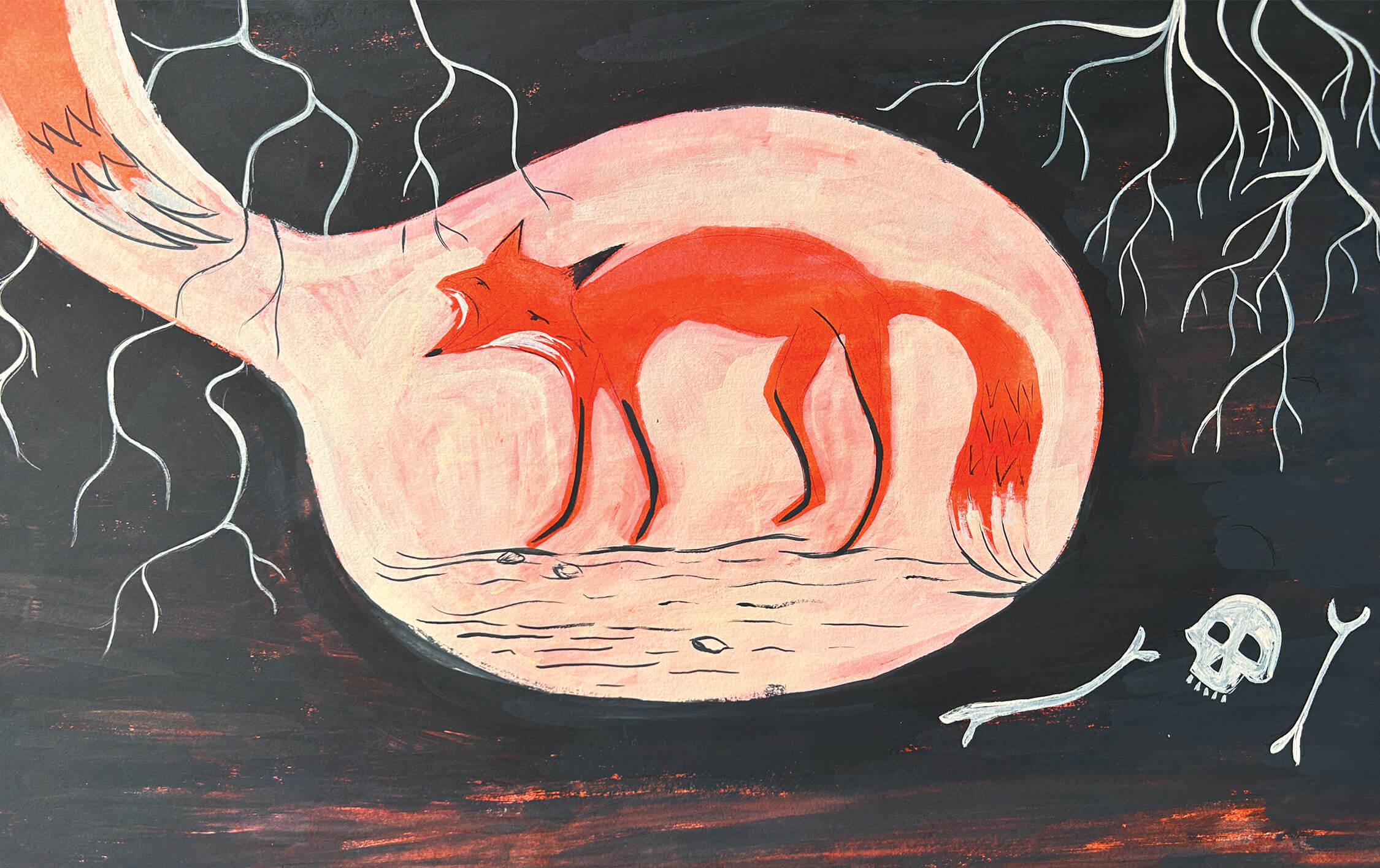 A black and orange illustration of a fox in a hole underground. A skull and bones in the earth