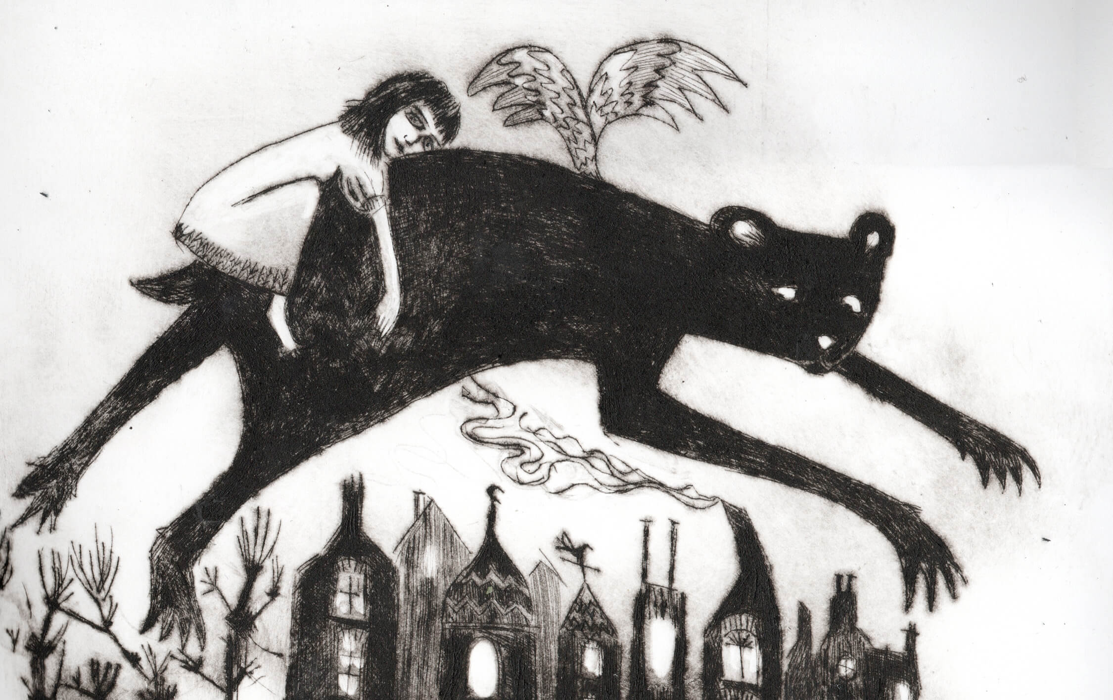 A black and white drypoint etching of a girl  flying on a black bear. 