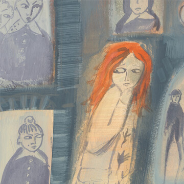 A painting of a red headed girl walking past windows staring at her.