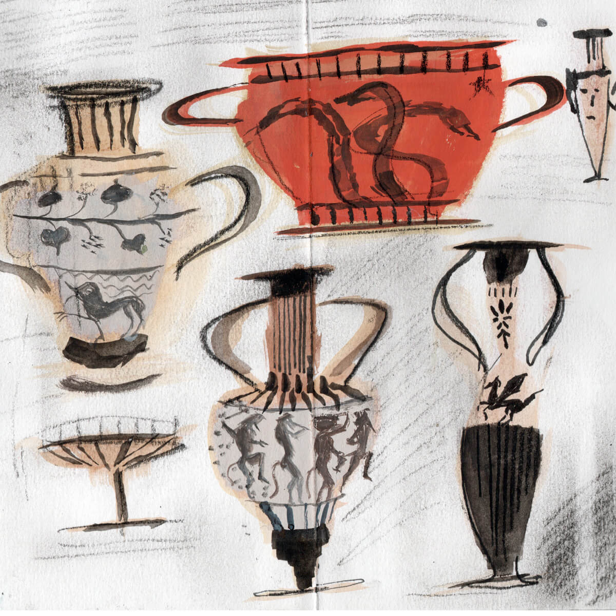 A painting sketch of Greek vases in red, brown, black and beige.