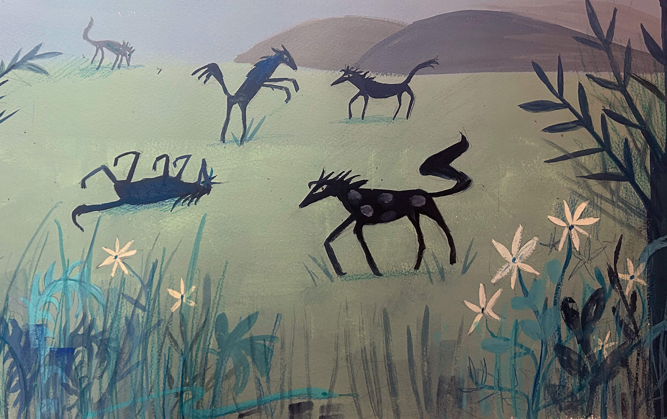 A green, off-white and black illustration of horses frolicking in a field.