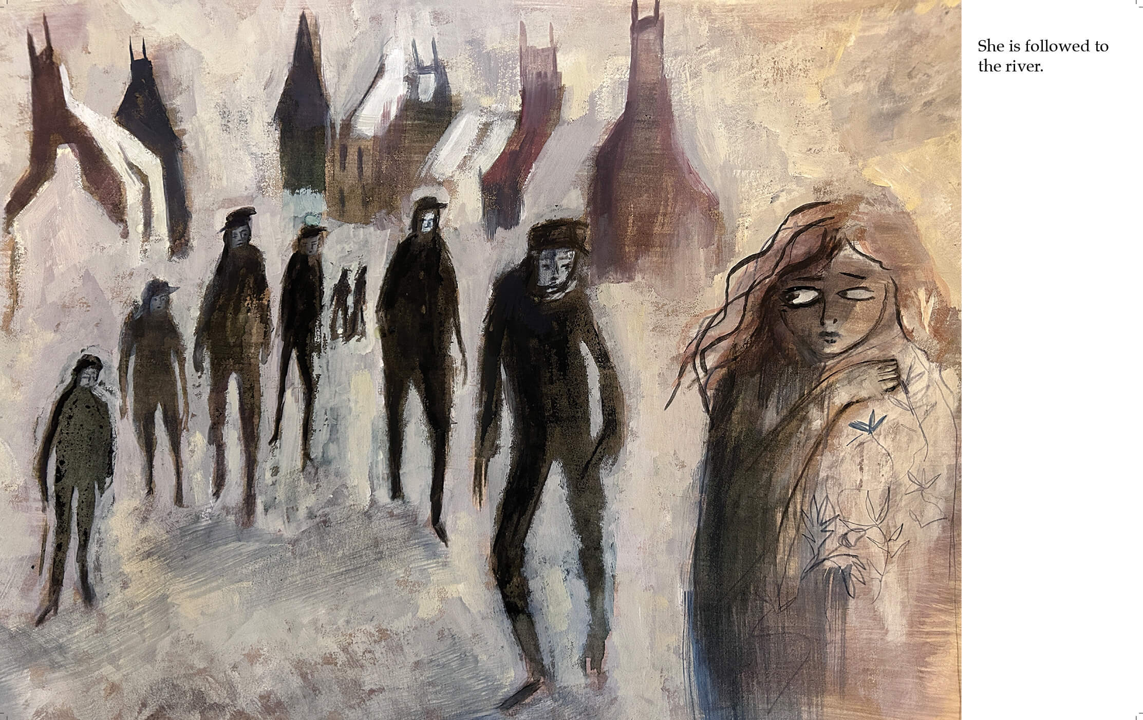 A double spread painting of Tehi-Tegi being followed by the men of the Isle of white in browns and off whites.