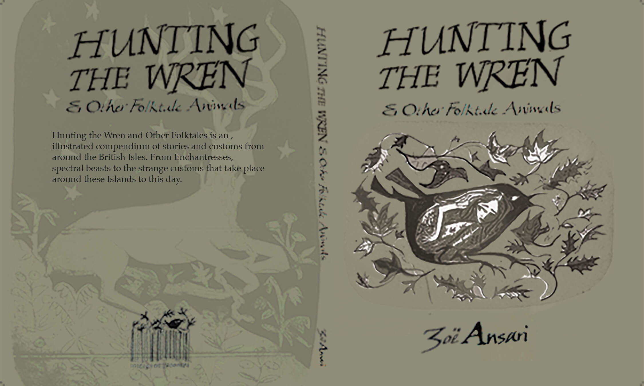 A full cover spread in green of Hunting The Wren and Other Folktale Animals by Zoe Ansari