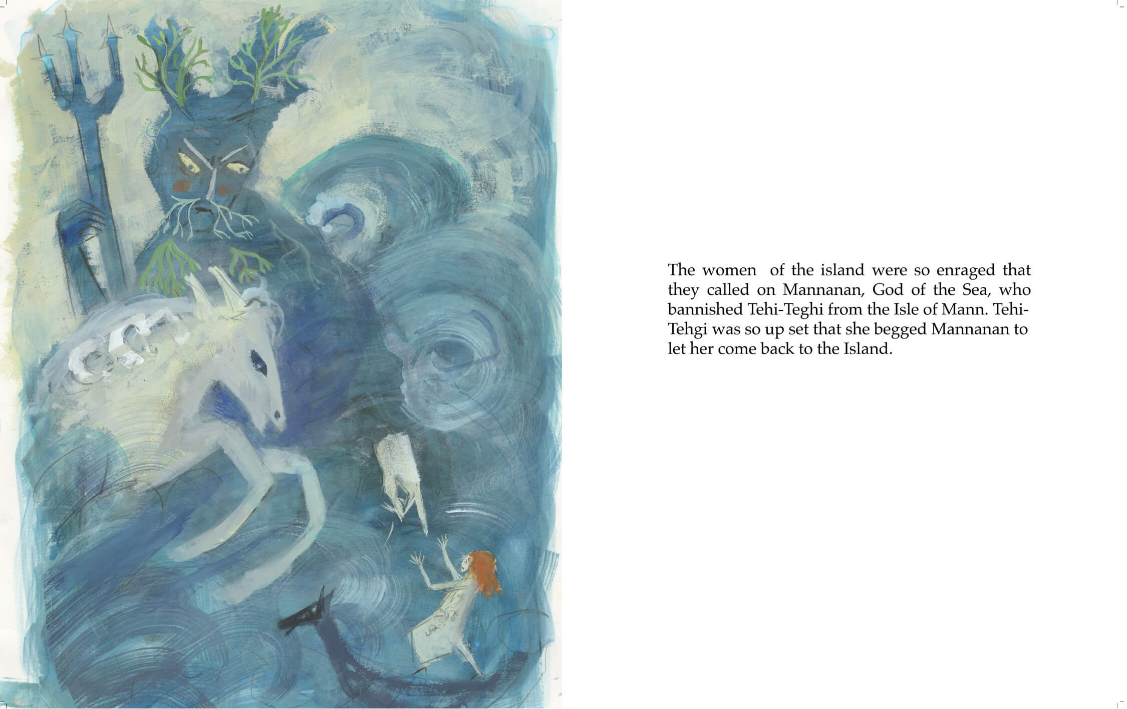 A double page spread of an illustrated book of a blue and green sea god Manannan banishing Tehi Tegi.