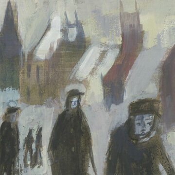 A painting of men walking in front of houses.