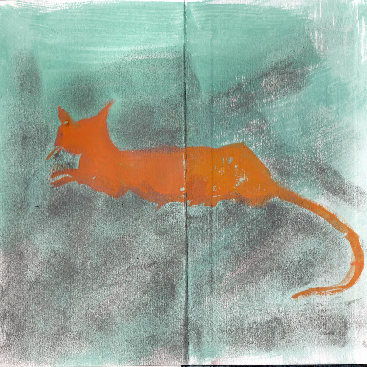 A turquoise and orange painterly sketch of a cat.
