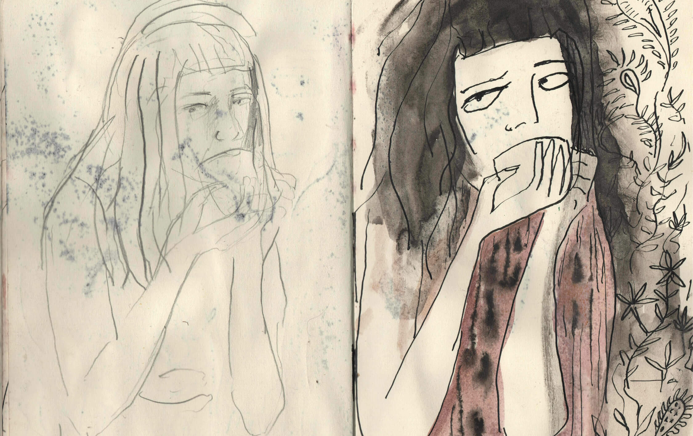 A brown, black and off-white pen and ink sketch of a girl drinking a cup of tea.