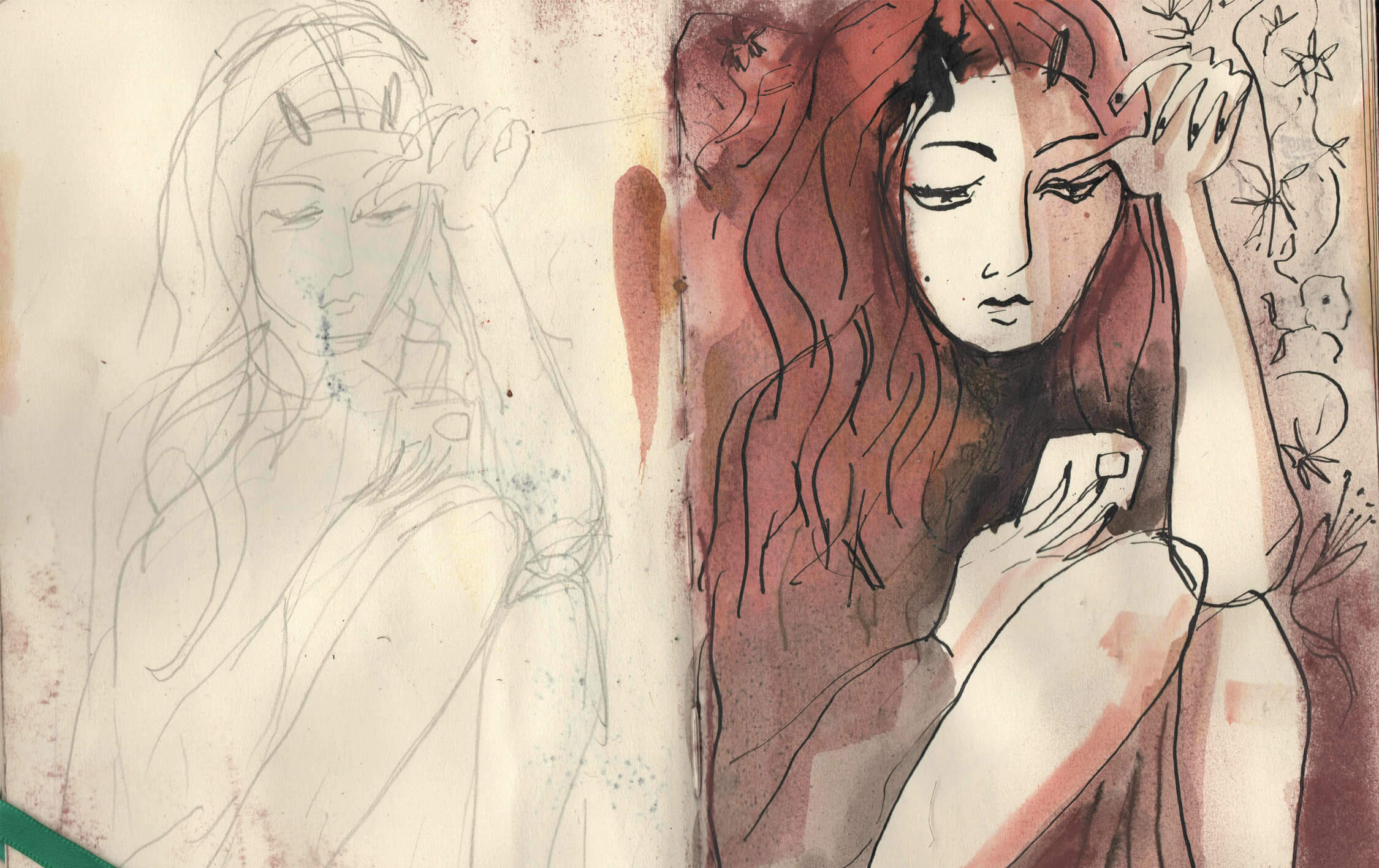 A rusty brown, black and cream pen and ink sketch of a teenage girl sat looking at her smart phone.