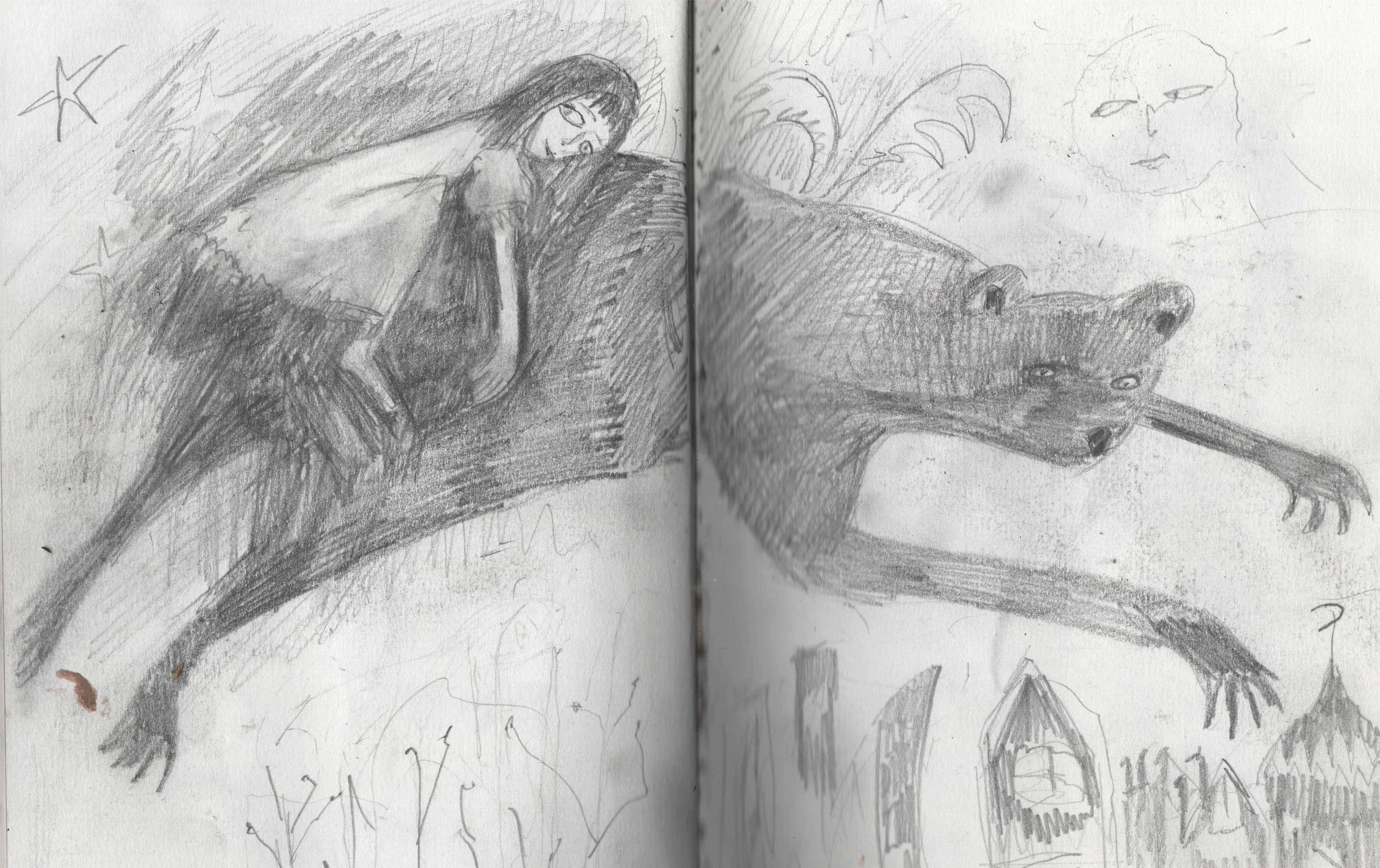 A grey & white pencil sketch of a girl riding a bear across a city scape.