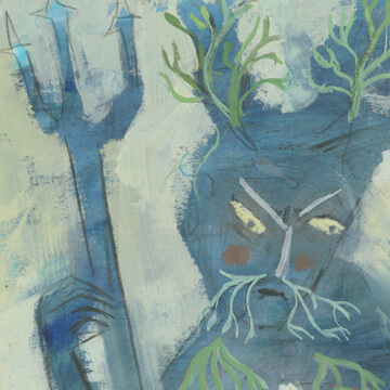 A blue and off white painting of the sea god Mananan from the Isle of White.
