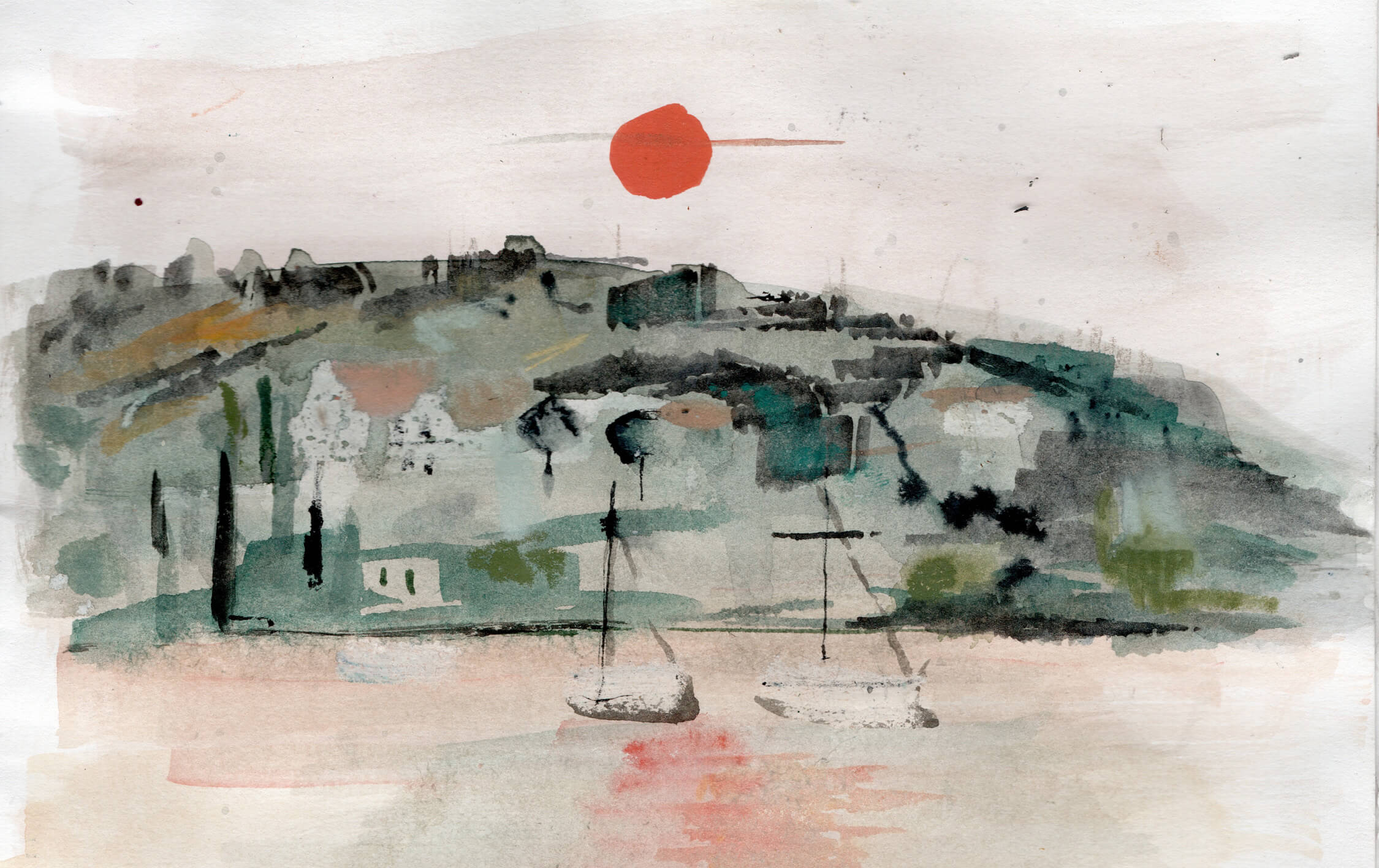 a green white and red painting sketch of boats mored in front of a hillside.