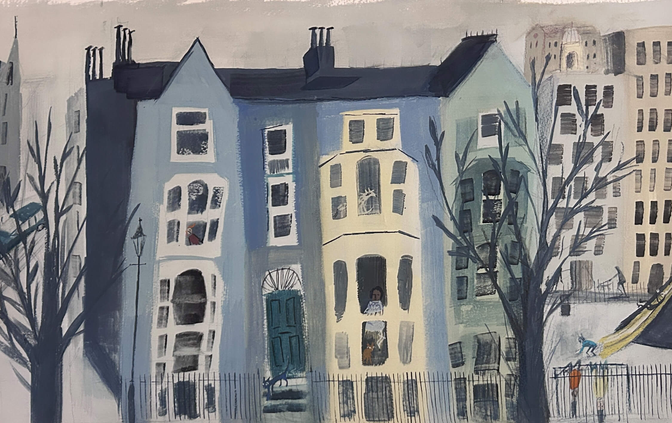 A blue, white, green and cream illustration of a street scene of town houses and children playing in a play ground.