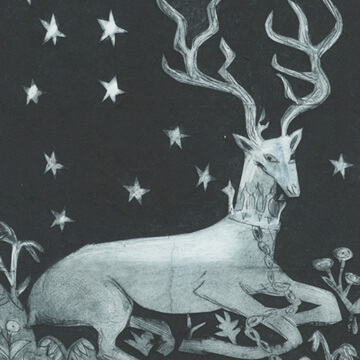 A dark blue and white Tetra Pak print of a white hard deer.