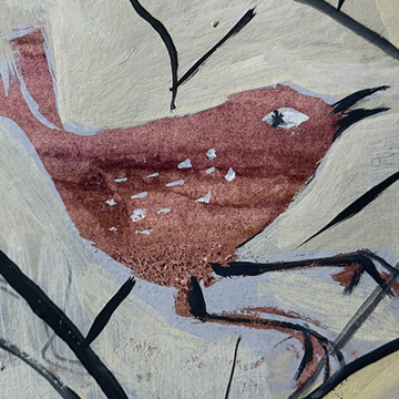 A painting of a wren sitting in a bush in brown and off white and black.
