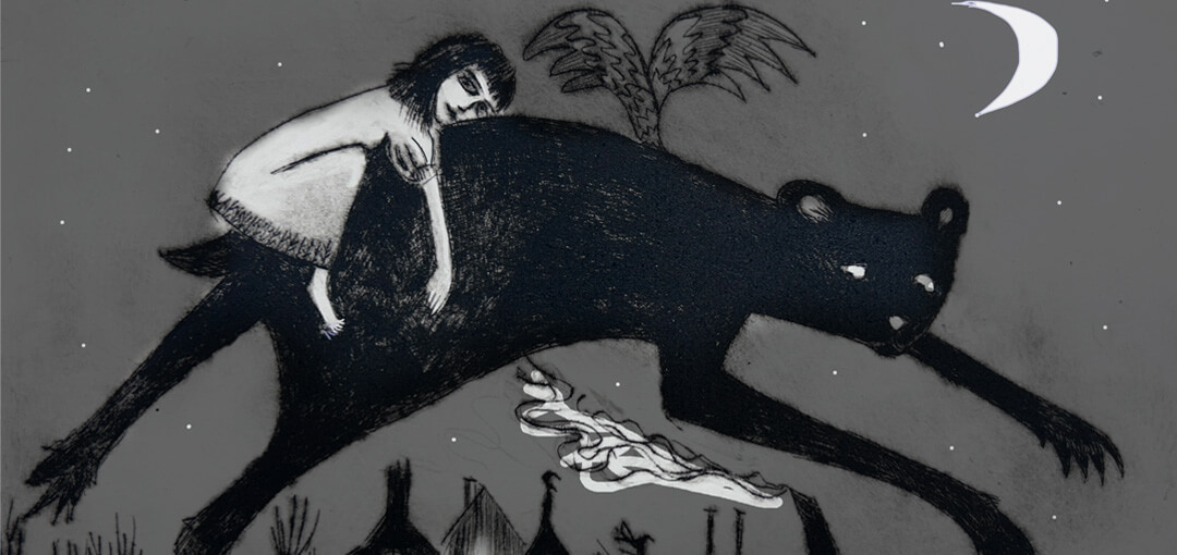 A black and grey dry point etching of a girl riding a black bear with wings at night.
