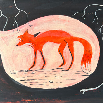 An illustrative painting of a red fox in his hole. Part of a children's picture book.