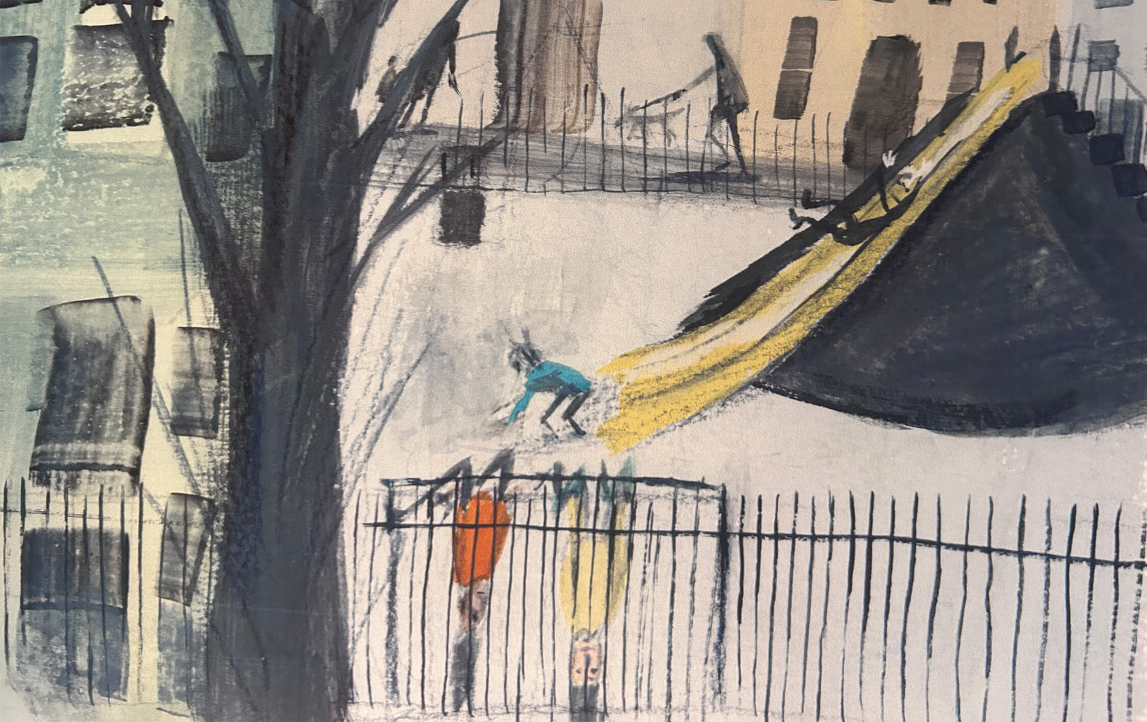 An off white and coloured illustration of a children's play ground