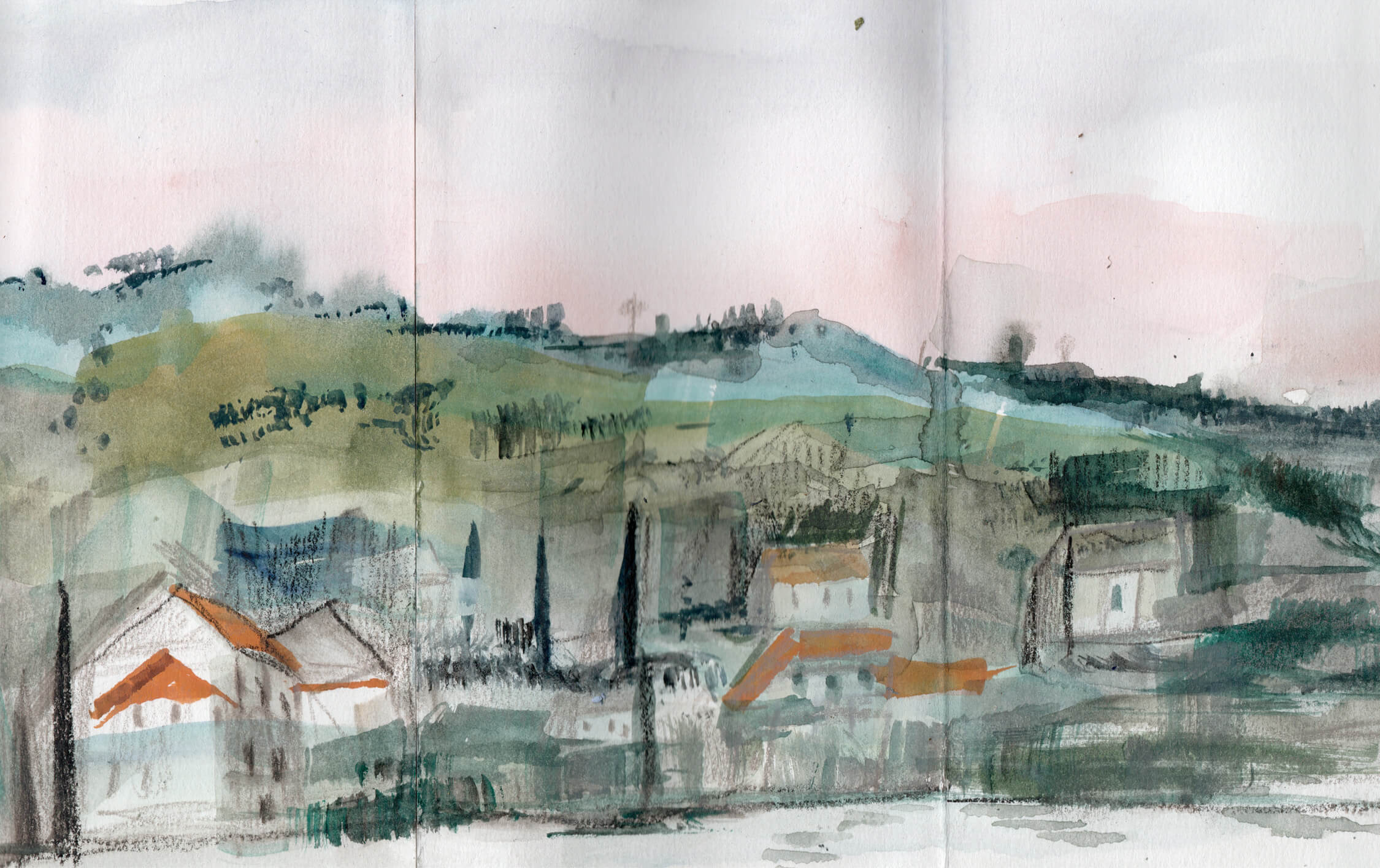 A green and white and orange picture of a headland with houses and Cyprus trees in Kassiopi Greece.