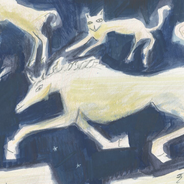A painting of white animals against a blue background.